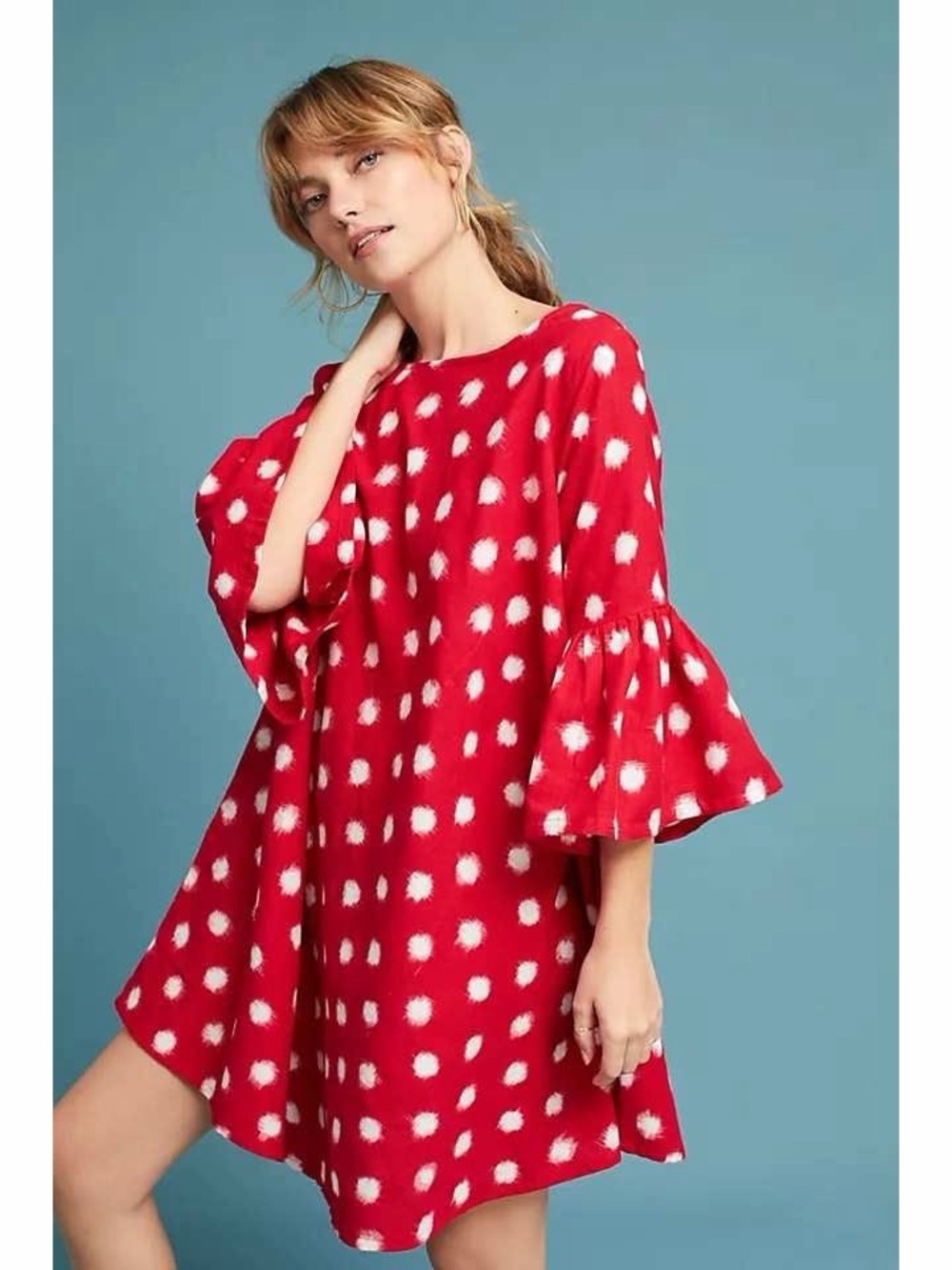 Anthropologie Red Polka Dot Bell-Sleeve Mini Dress by Norblack Norwhite
